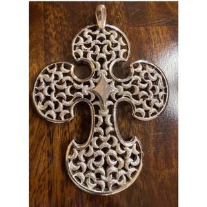 Vintage Crown‎ Trifari Silver Tone Filigree Cross Pendant Gothic Revival